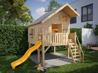 Stelzenhaus Tom XL 15 mm naturbelassen inkl. Veranda - Stelzen und Rutsche gelb