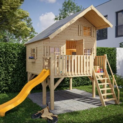 Stelzenhaus Tom XL 15 mm naturbelassen inkl. Veranda - Stelzen und Rutsche gelb