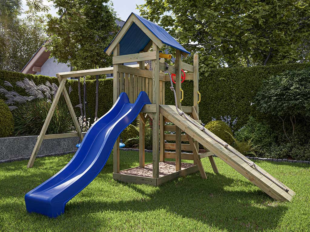 Hefty KDI Spielturm inkl. Doppelschaukel inkl. Rutsche blau + Nestschaukel
