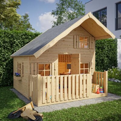 Spielhaus Kinderspielhaus Tom L 15 mm naturbelassen mit Veranda
